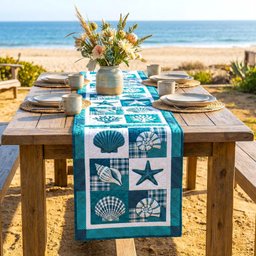 Turquoise and White Shell Blocks Table Runner - Made to Order TABLE928