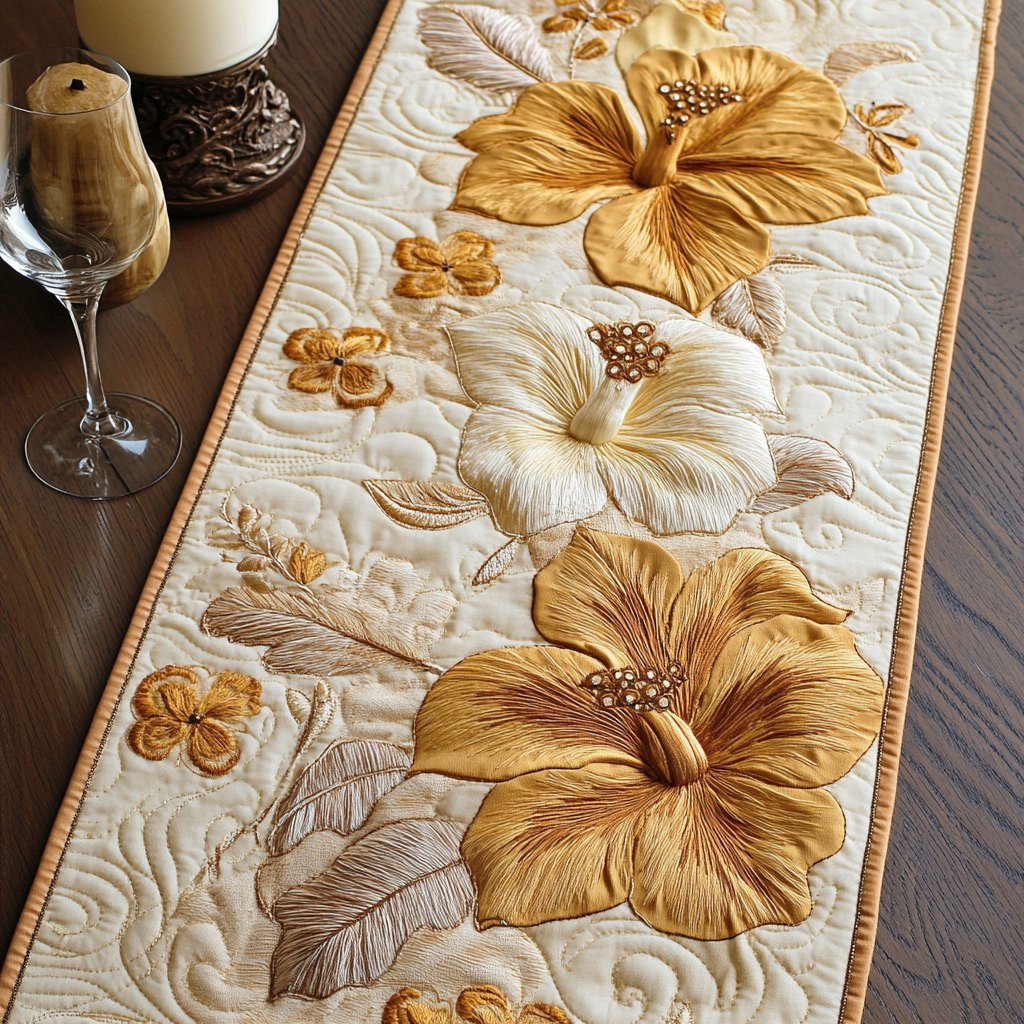 Tonal Gold Hibiscus on Cream Table Runner - Made to Order TABLE928