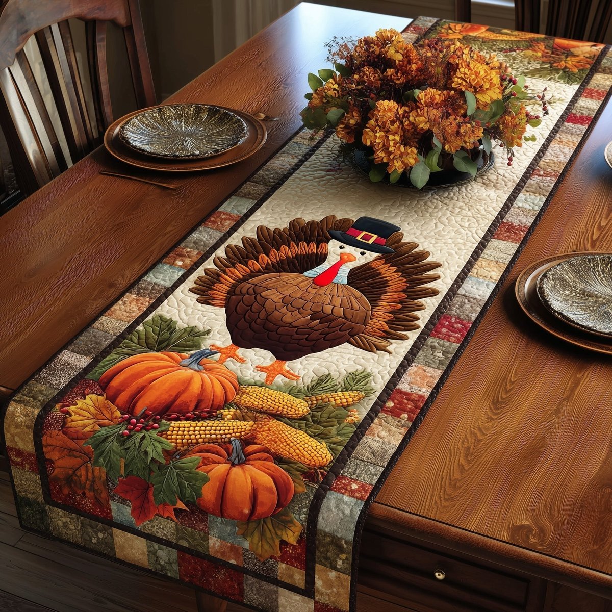 Turkey with Pumpkins and Corn Table Runner - Made to Order TABLE928