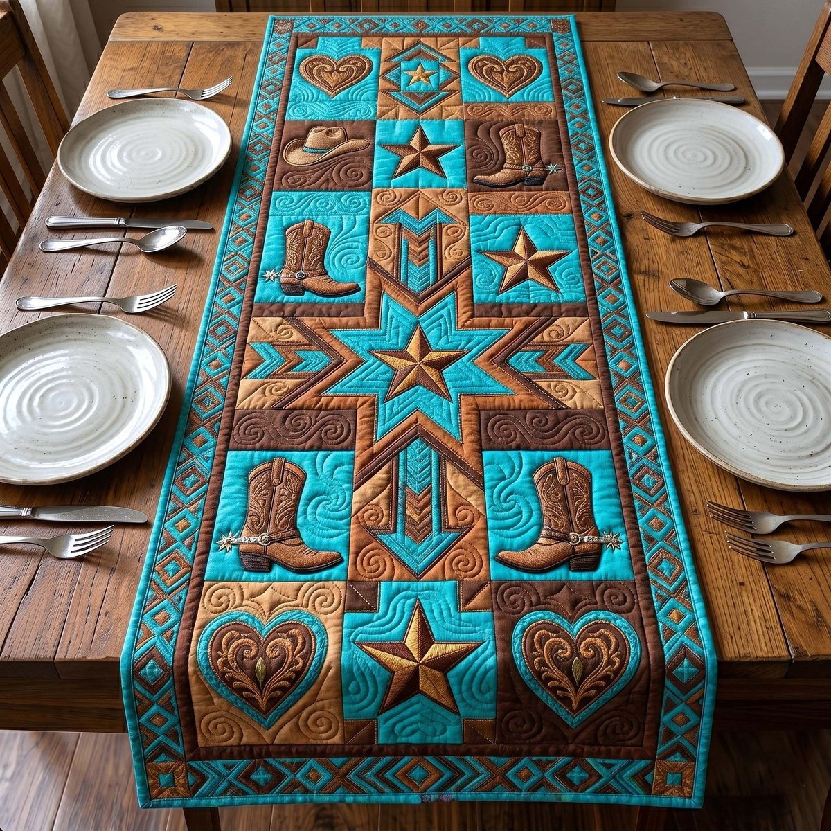 Turquoise Western Stars and Boots Table Runner - Made to Order TABLE928