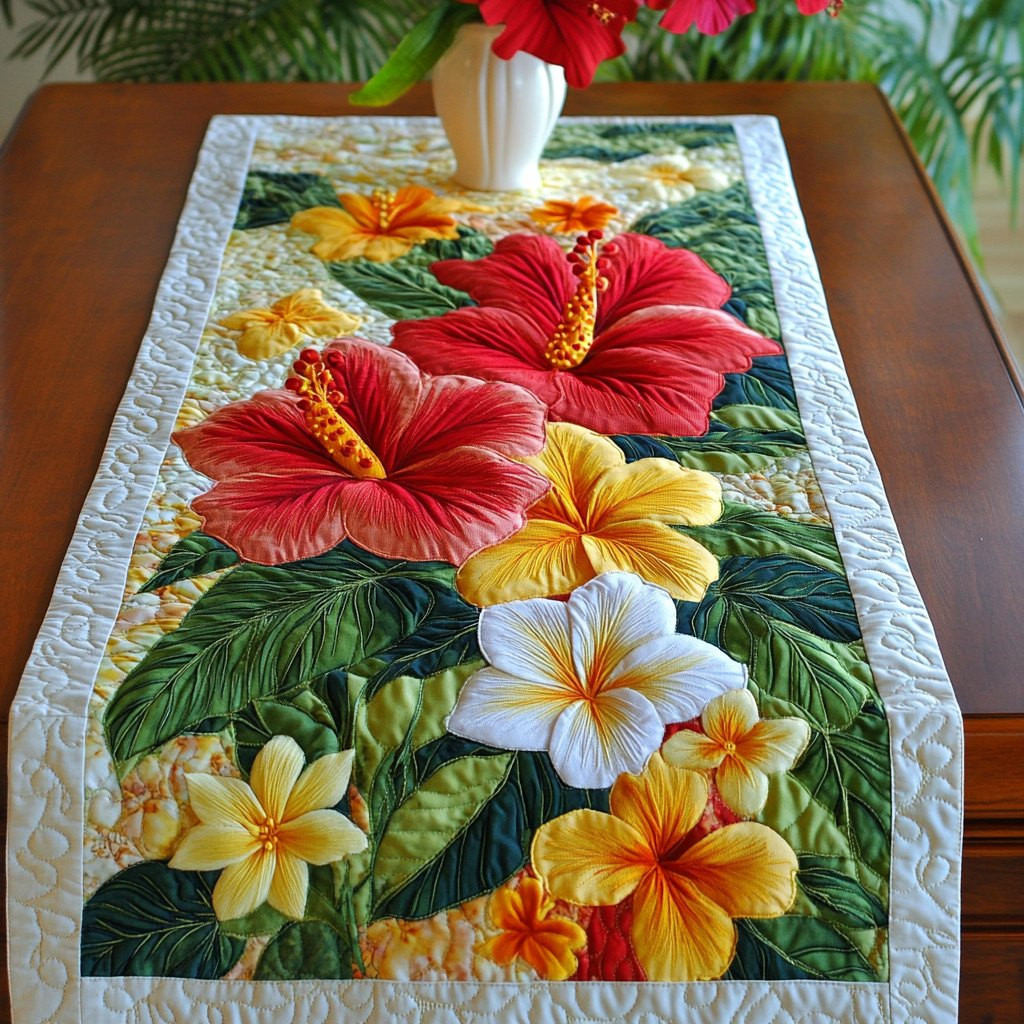 Tropical Hibiscus in Red and Yellow Table Runner - Made to Order TABLE928