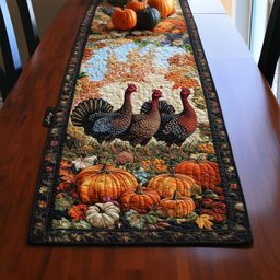 Turkeys with Pumpkins on Dark Table Runner - Made to Order TABLE928