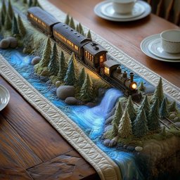 Train Along a River Through Pines Table Runner - Made to Order TABLE928