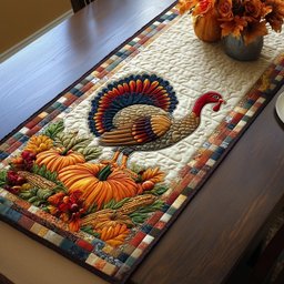Turkey with Checkered Harvest Border Table Runner - Made to Order TABLE928