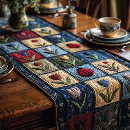 Tulips in Navy Blocks with Ladybugs Table Runner - Made to Order TABLE928