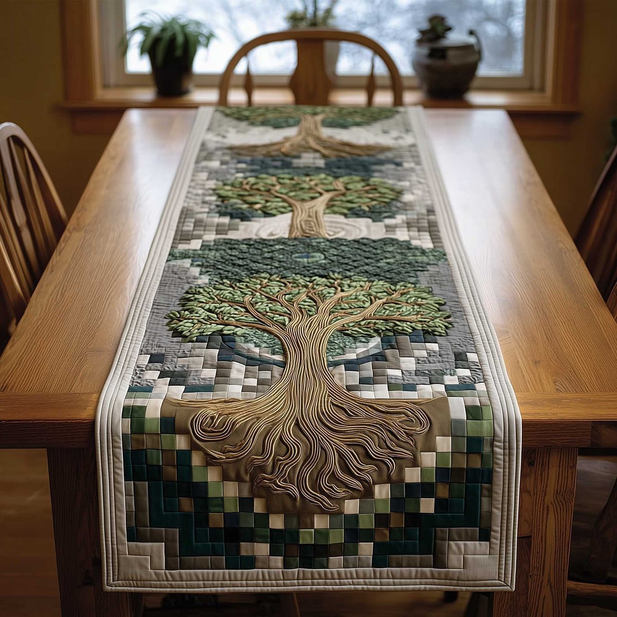 Tree on Green Pixel Patchwork Table Runner - Made to Order TABLE928