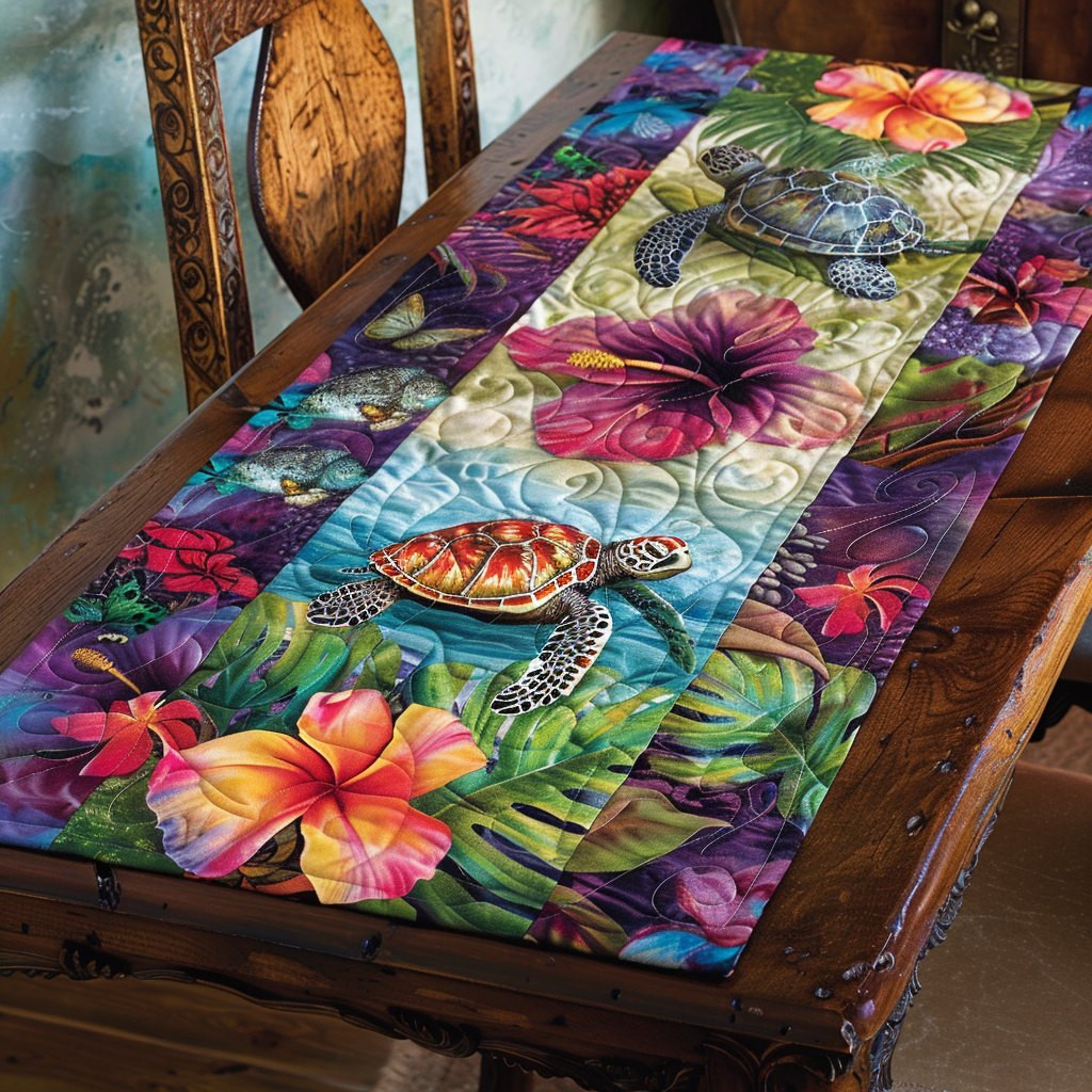 Turtle Among Tropical Hibiscus Table Runner - Made to Order TABLE928
