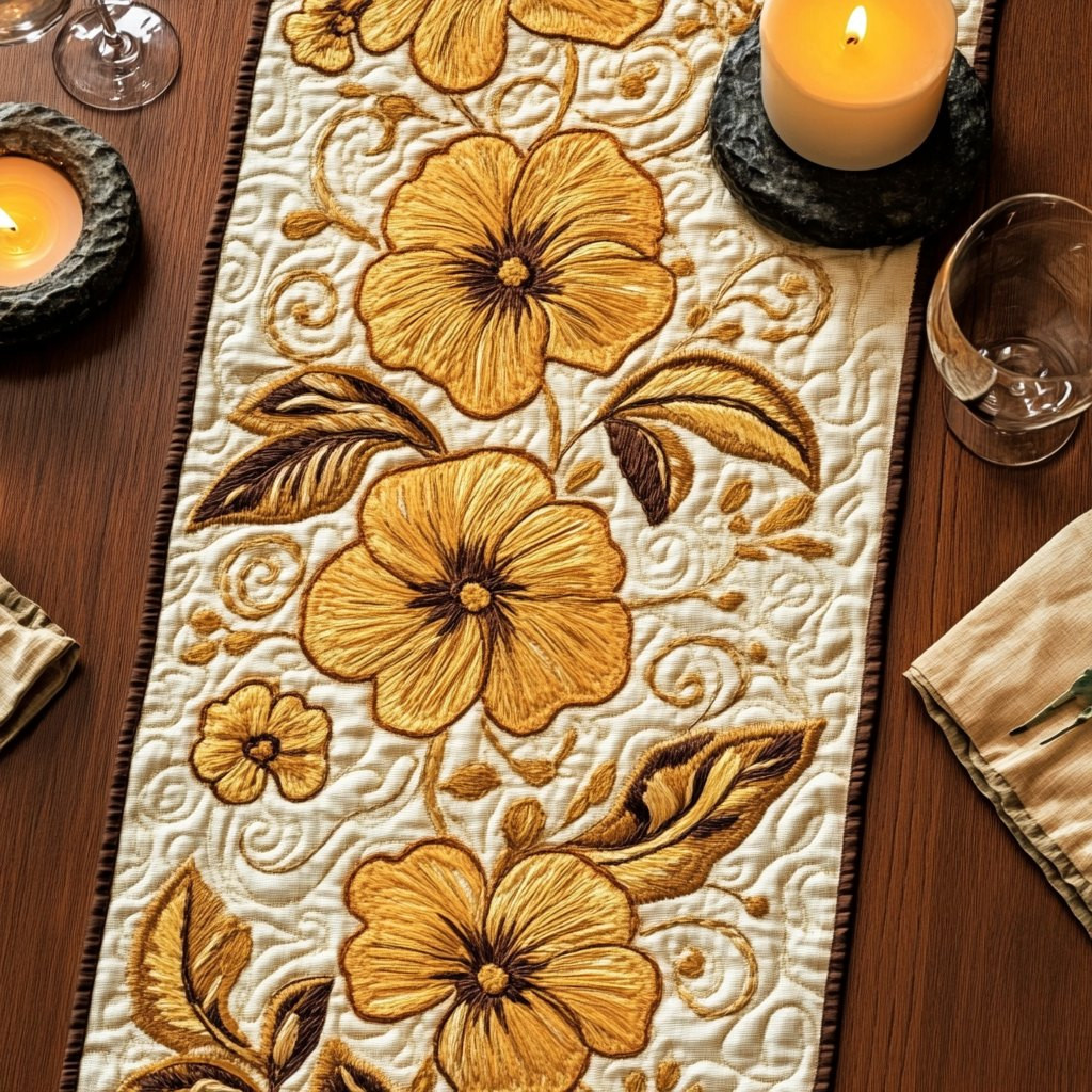 Tonal Gold Flowers on Cream Table Runner - Made to Order TABLE928