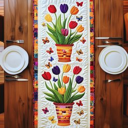 Tulip Pots with Butterflies Table Runner - Made to Order TABLE928
