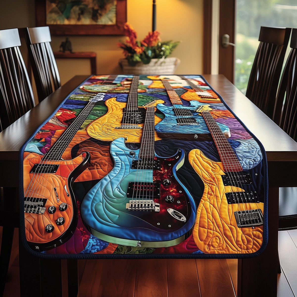 Teal and Amber Guitars on Purple Table Runner - Made to Order TABLE928