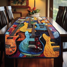Teal and Amber Guitars on Purple Table Runner - Made to Order TABLE928