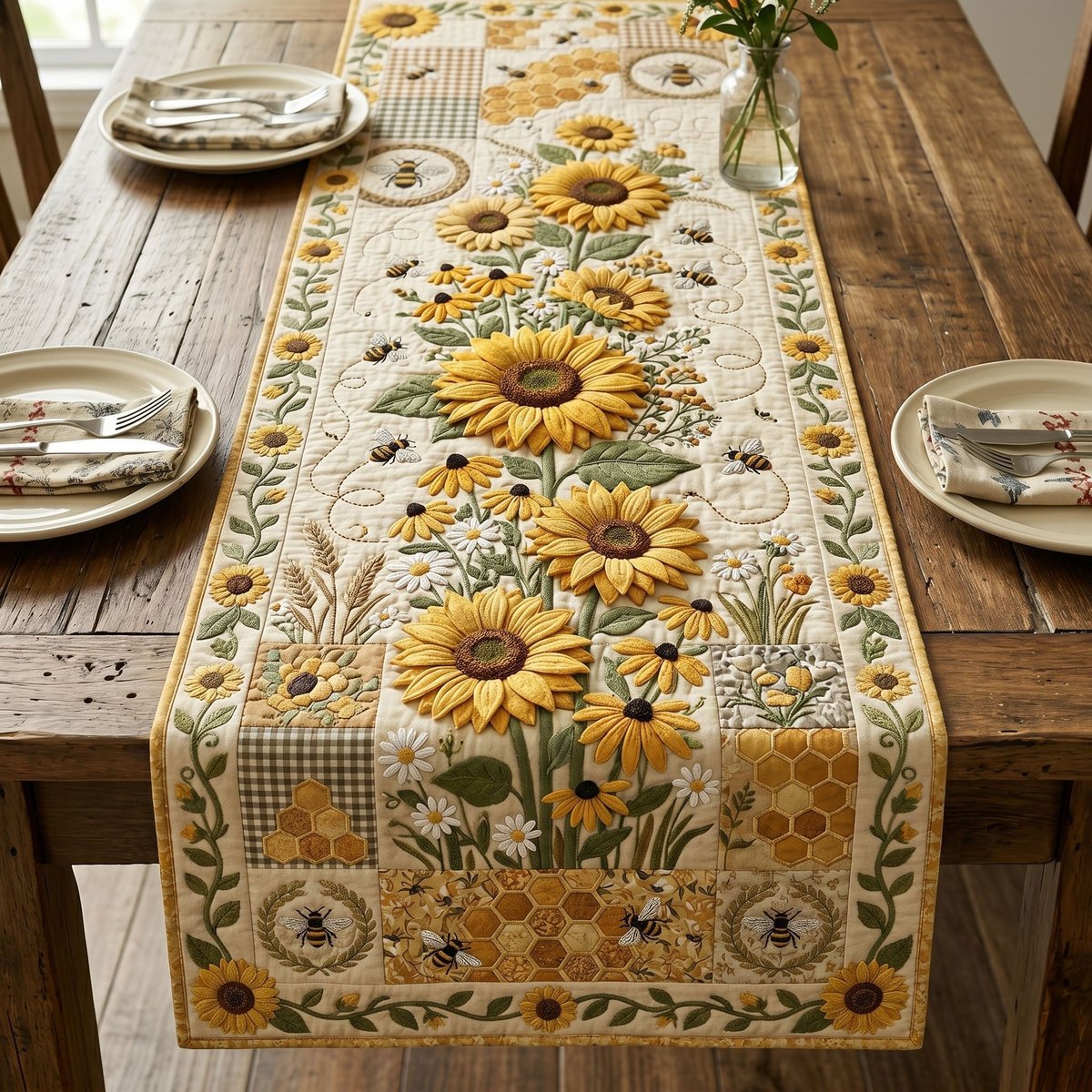 Sunflowers and Bees on Cream Table Runner - Made to Order TABLE928