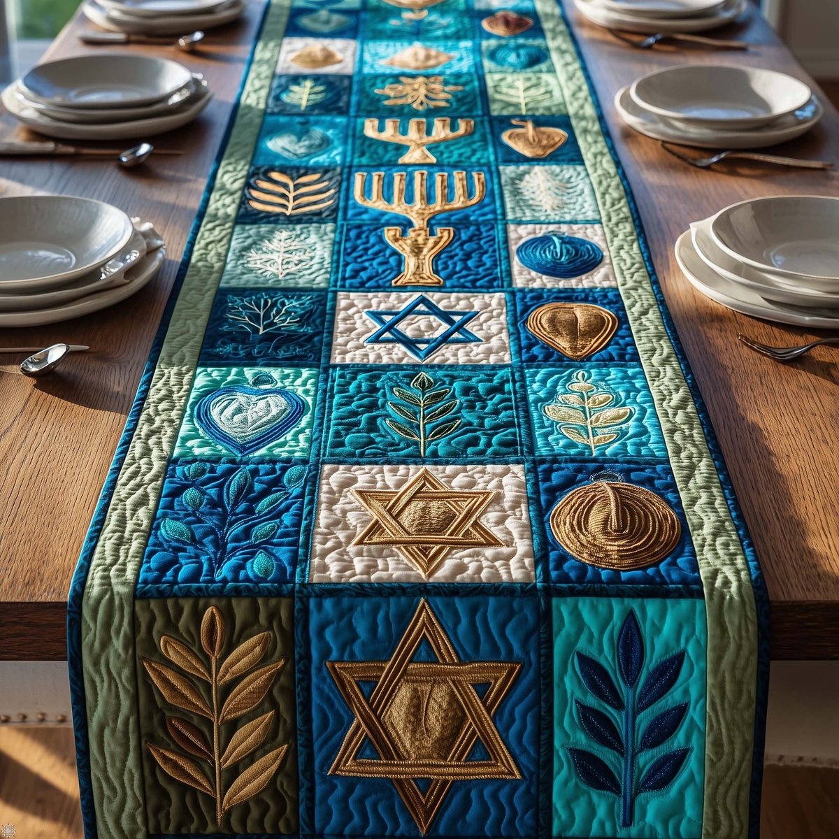 Teal Hanukkah Symbol Squares Table Runner - Made to Order TABLE928