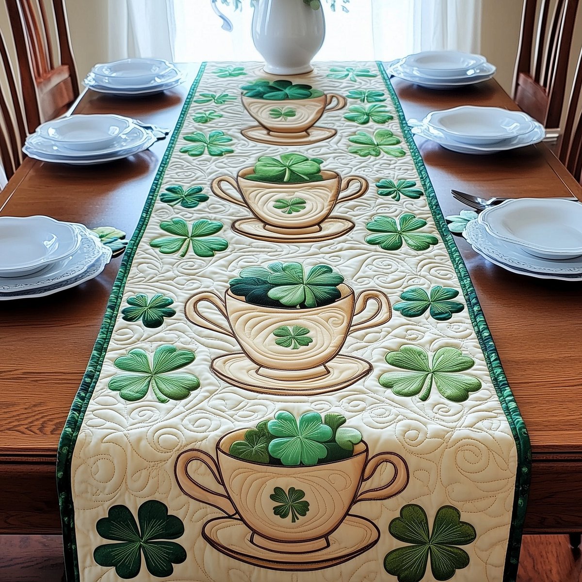 Teacups with Shamrocks on Cream Table Runner - Made to Order TABLE928