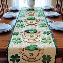 Teacups with Shamrocks on Cream Table Runner - Made to Order TABLE928