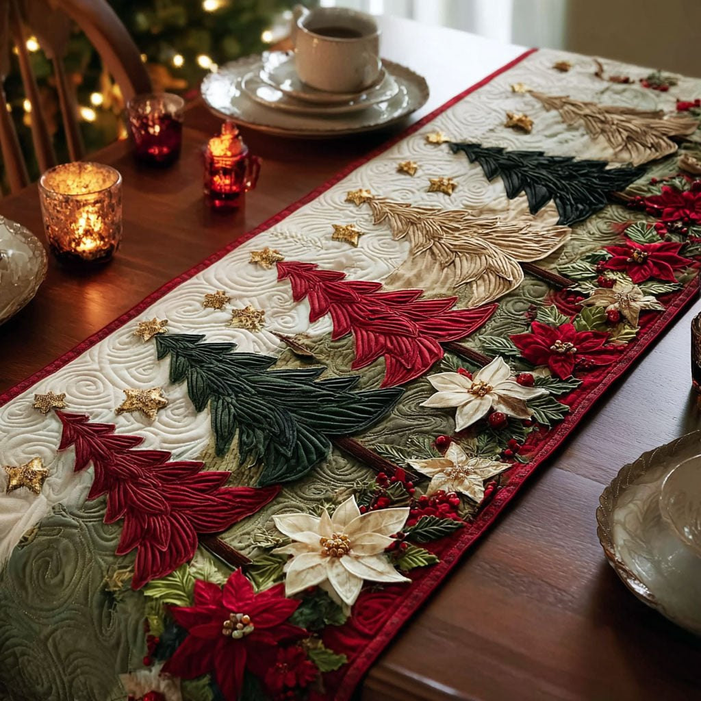 Trees and Poinsettias in Red and Green Table Runner - Made to Order TABLE928