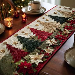 Trees and Poinsettias in Red and Green Table Runner - Made to Order TABLE928
