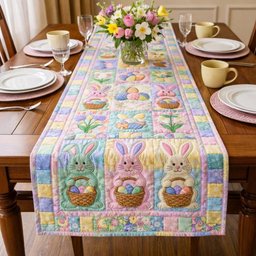 Three Bunnies with Egg Baskets Table Runner - Made to Order TABLE928