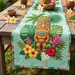Tiki with Tropical Flowers on Green Table Runner - Made to Order TABLE928