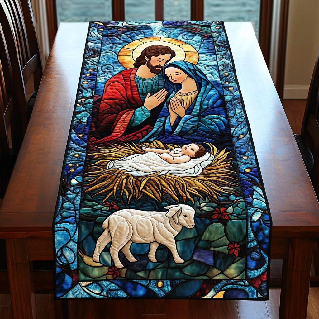 The Season the Reason Stained Glass Nativity with Lamb Table Runner - Made to Order TABLE928