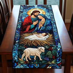 The Season the Reason Stained Glass Nativity with Lamb Table Runner - Made to Order TABLE928