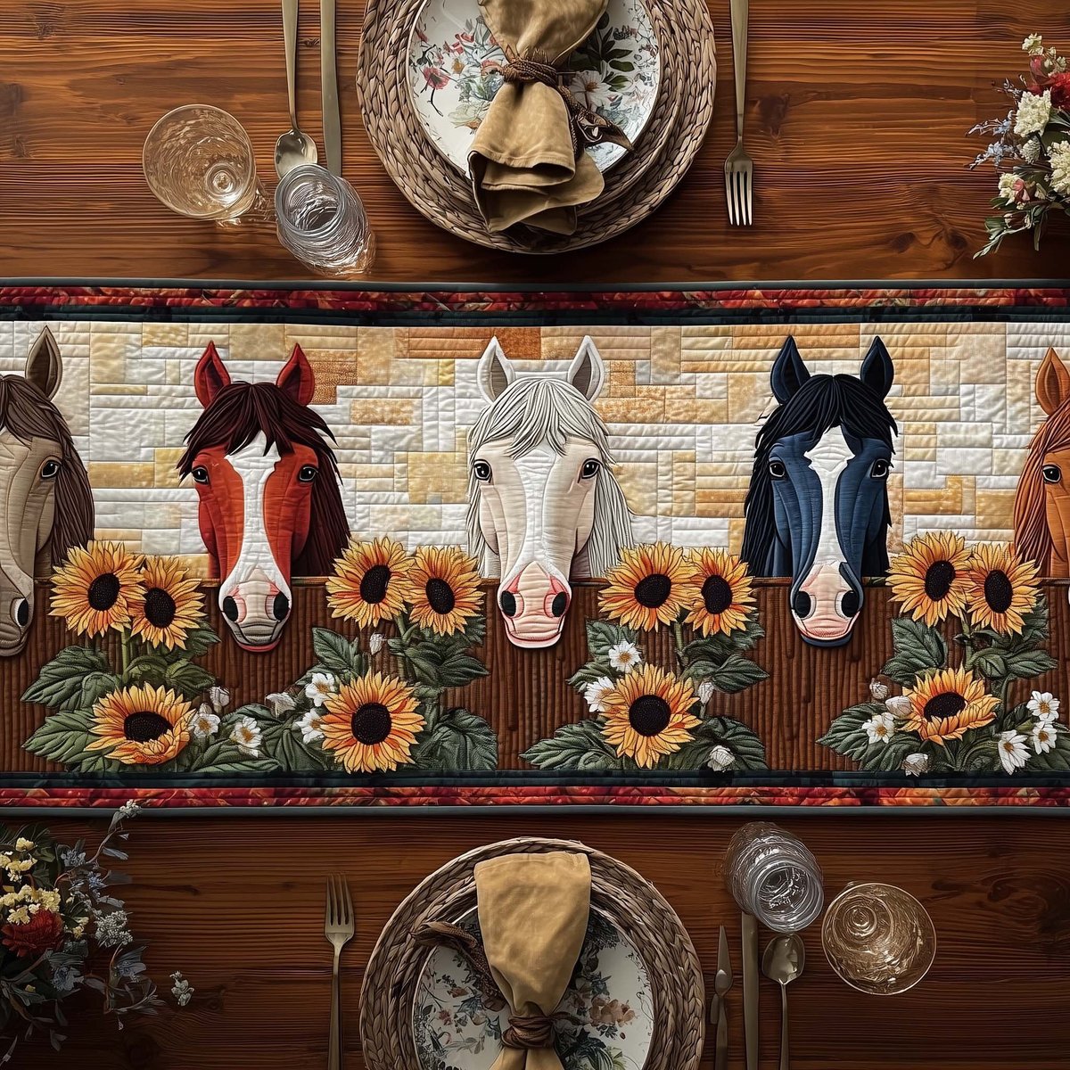 Three Horse Heads with Sunflowers Table Runner - Made to Order TABLE928