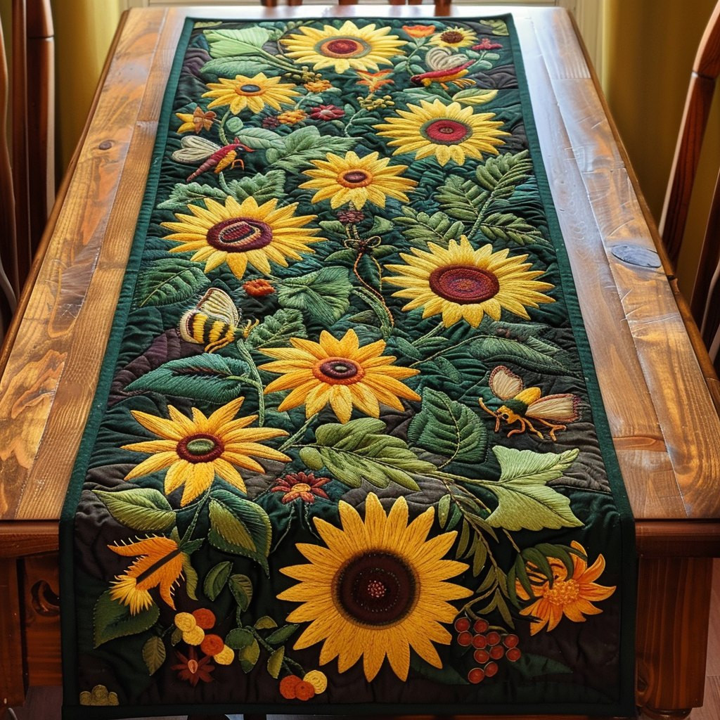 Sunflowers and Birds on Dark Green Table Runner - Made to Order TABLE928