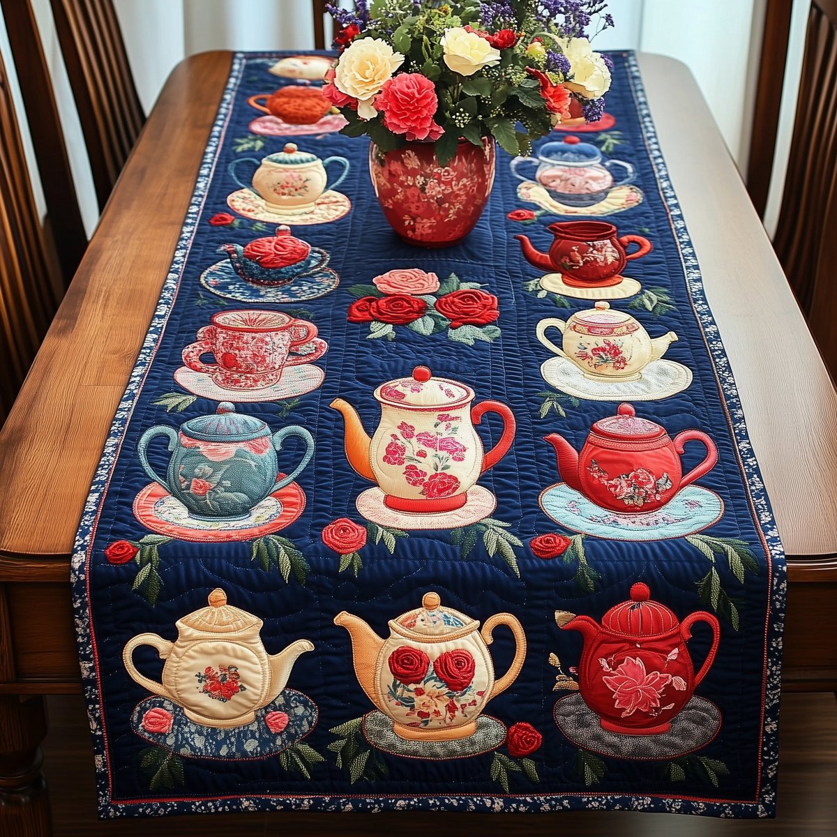 Teapots and Cups on Navy Table Runner - Made to Order TABLE928
