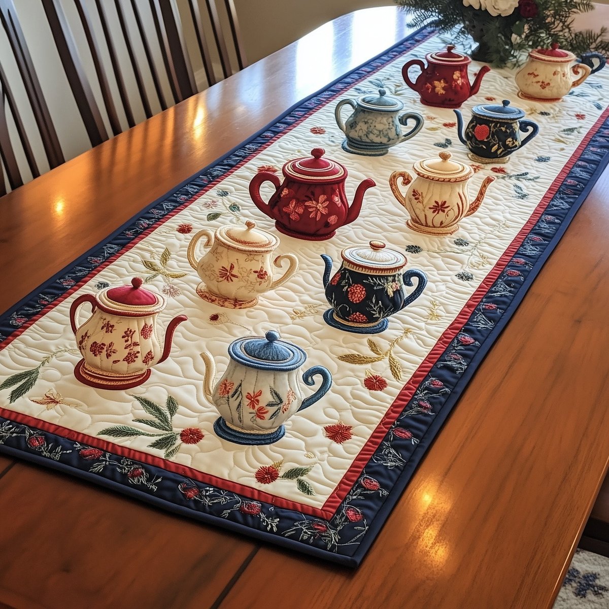 Teapots with a Flowering Vine Border Table Runner - Made to Order TABLE928