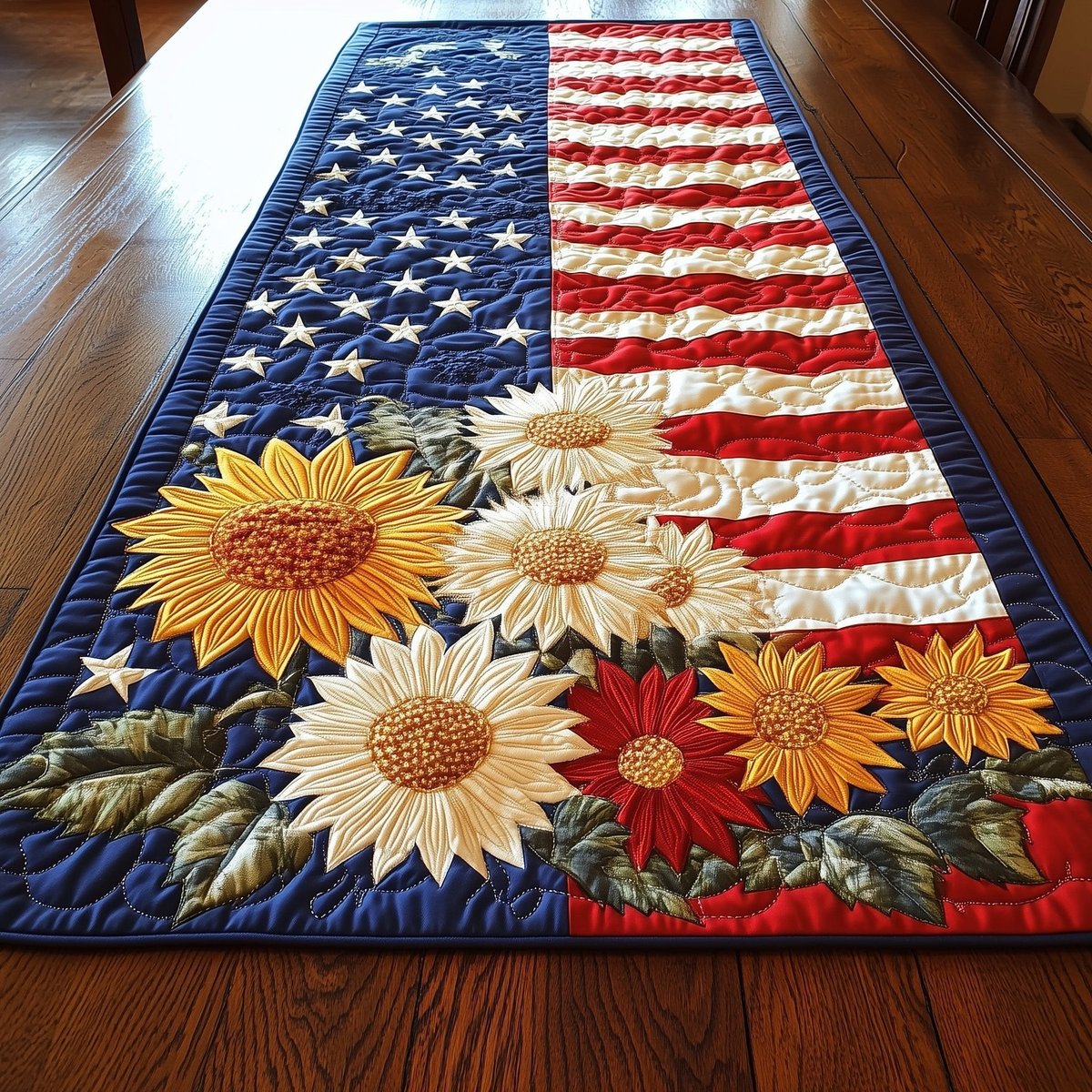 Sunflowers and Red Blooms on Flag Table Runner - Made to Order TABLE928