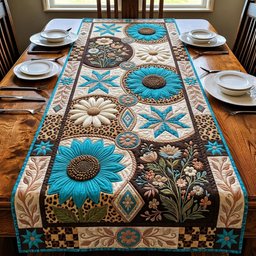 Teal Flowers on Cream Blocks Table Runner - Made to Order TABLE928
