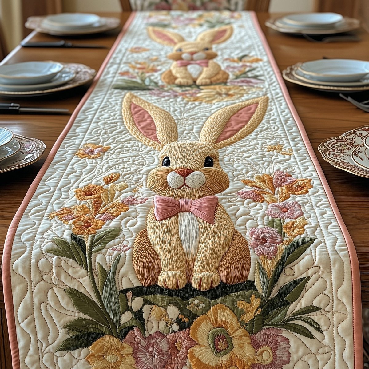 Tan Bunny with a Pink Bow Table Runner - Made to Order TABLE928