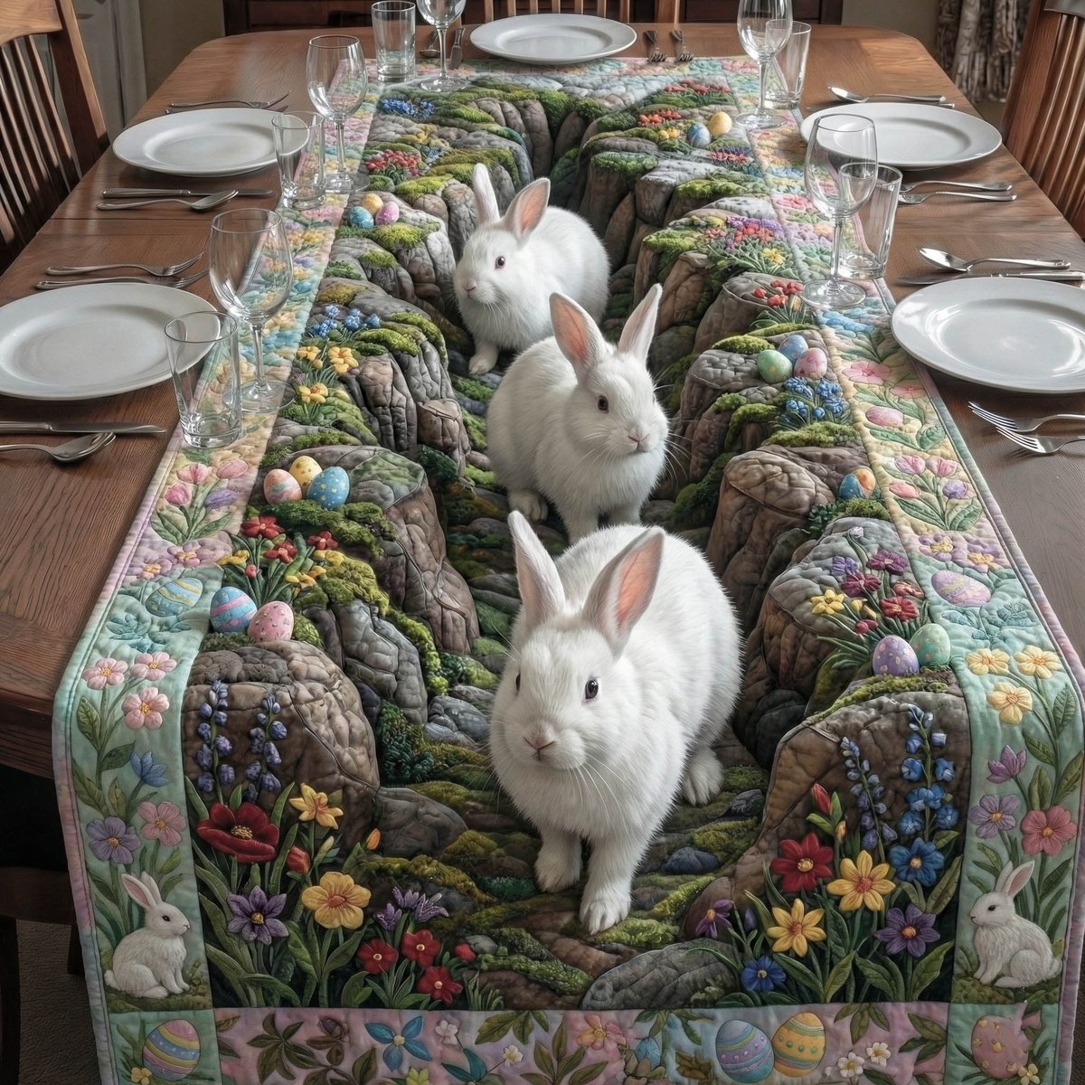 Three White Rabbits Among Stones Table Runner - Made to Order TABLE928