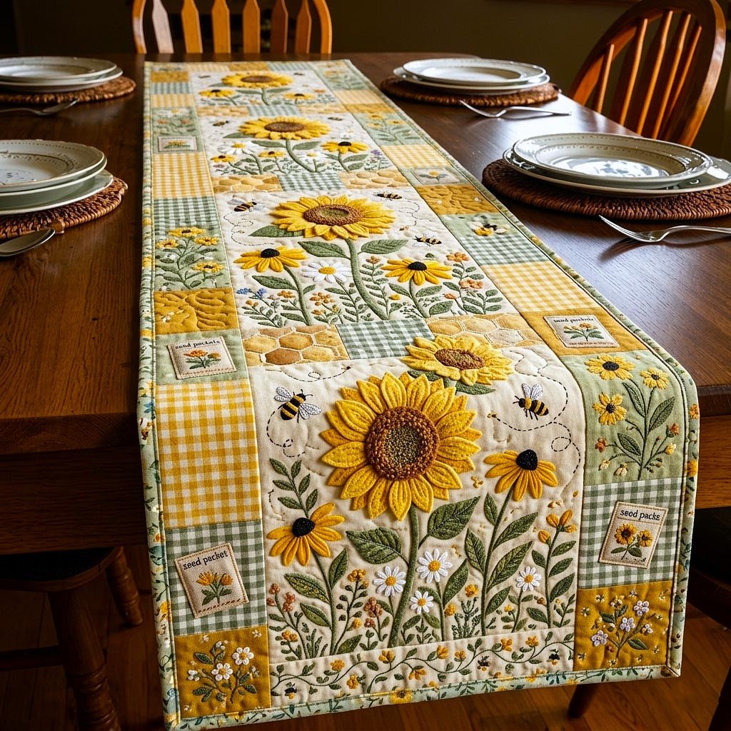 Sunflowers and Bees on Yellow Blocks Table Runner - Made to Order TABLE928