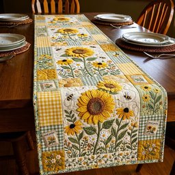 Sunflowers and Bees on Yellow Blocks Table Runner - Made to Order TABLE928