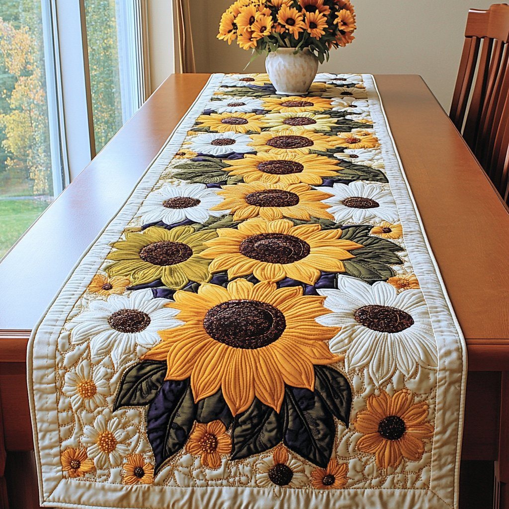 Sunflowers and Daisies on White Table Runner - Made to Order TABLE928