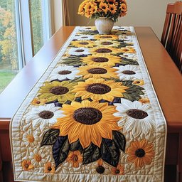 Sunflowers and Daisies on White Table Runner - Made to Order TABLE928
