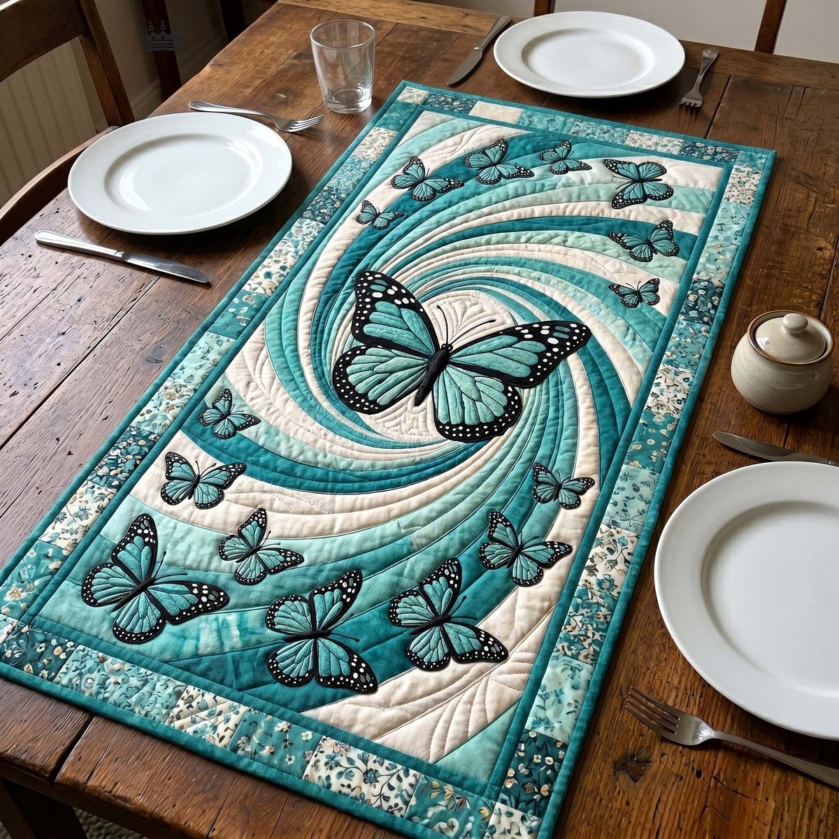Teal Butterflies in a Swirl Table Runner - Made to Order TABLE928