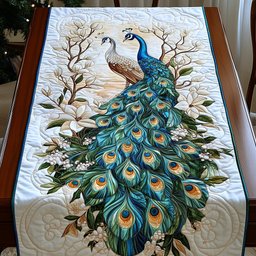 Teal Peacock with White Blossoms Table Runner - Made to Order TABLE928