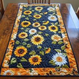 Sunflowers and Daisies on Navy Field Table Runner - Made to Order TABLE928