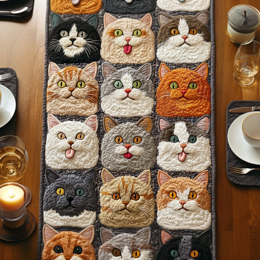 Tabby Cat Faces in a Grid Table Runner - Made to Order TABLE928