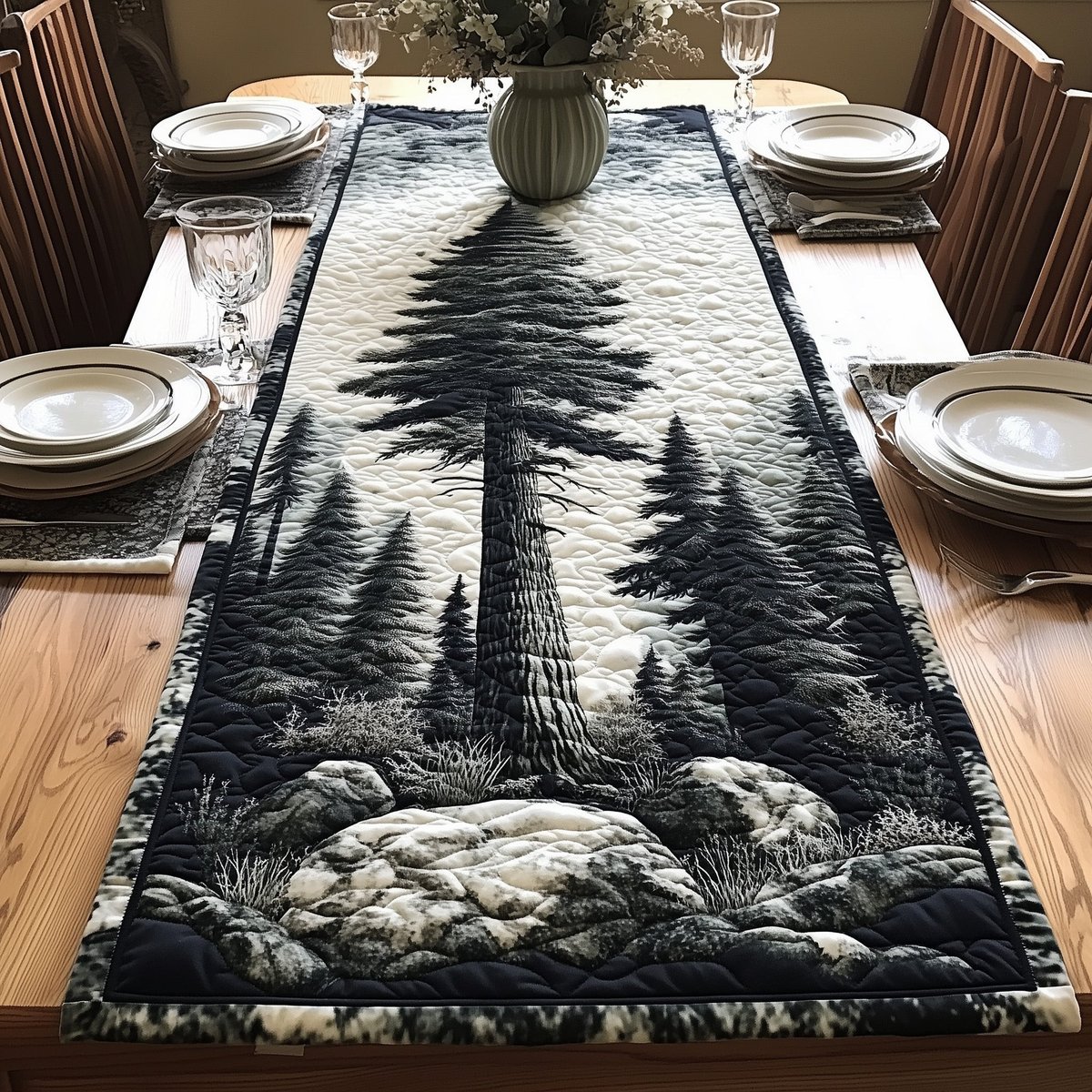 Tall Pine Above Mossy Boulders Table Runner - Made to Order TABLE928