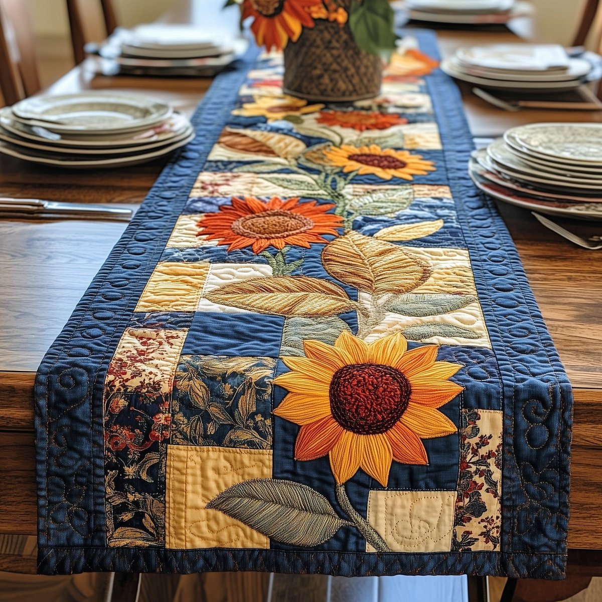 Sunflowers with Blue Patchwork Blocks Table Runner - Made to Order TABLE928