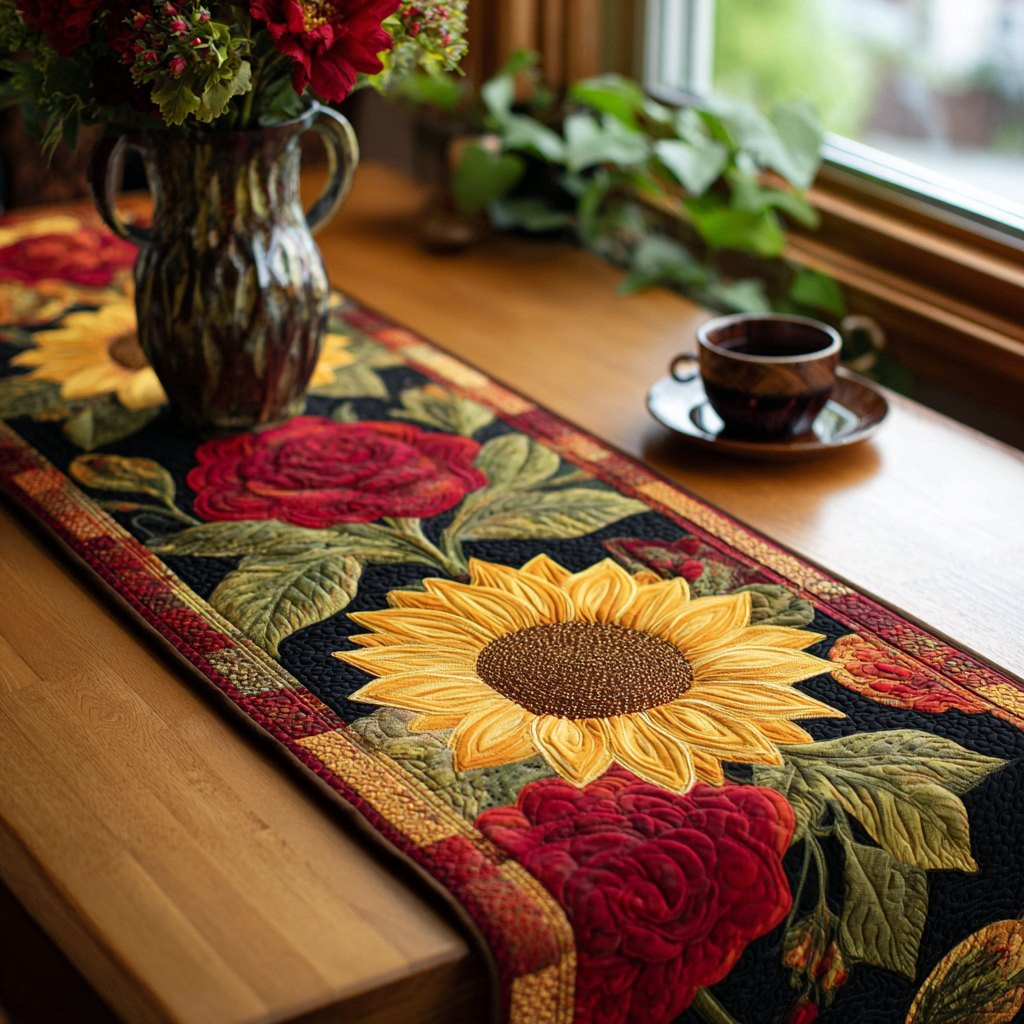 Sunflower with Roses on Dark Border Table Runner - Made to Order TABLE928