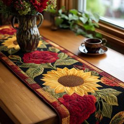Sunflower with Roses on Dark Border Table Runner - Made to Order TABLE928