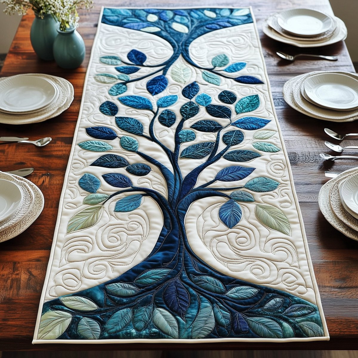 Teal Tree with Blue Leaves Table Runner - Made to Order TABLE928