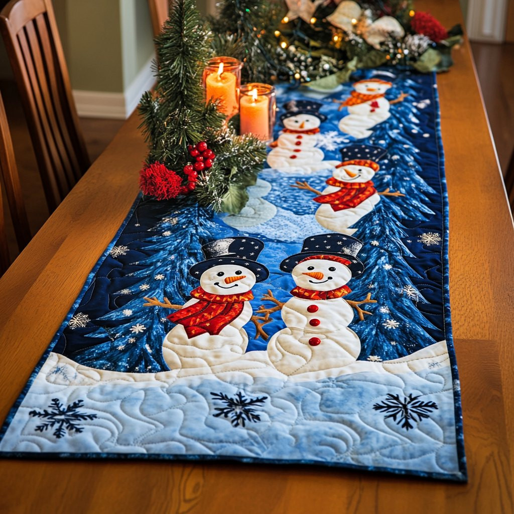 Three Snowmen Under Falling Snow Table Runner - Made to Order TABLE928