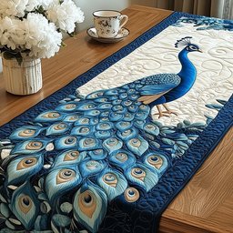 Teal Peacock on Deep Blue Feathers Table Runner - Made to Order TABLE928