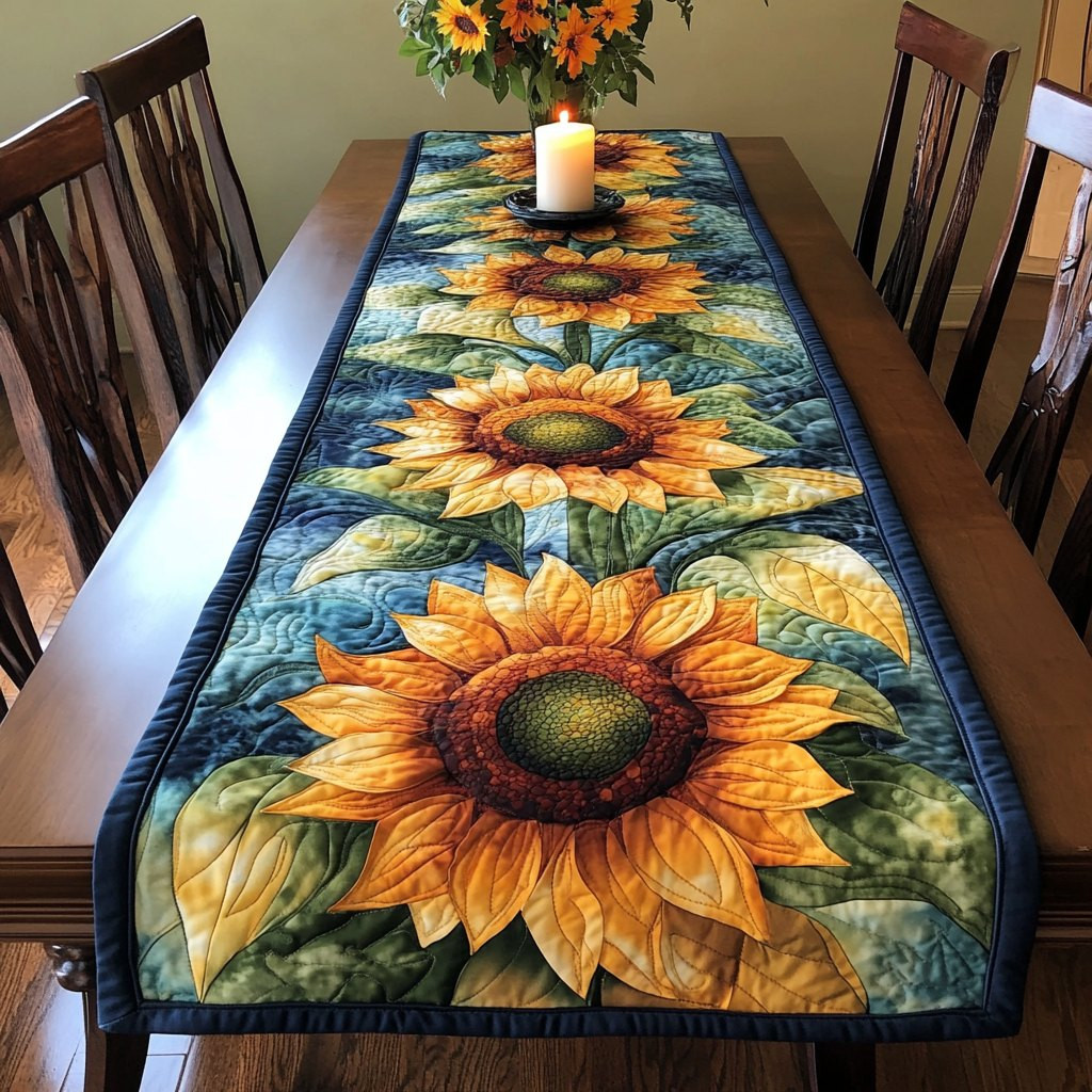 Sunflowers on Blue Quilted Ground Table Runner - Made to Order TABLE928