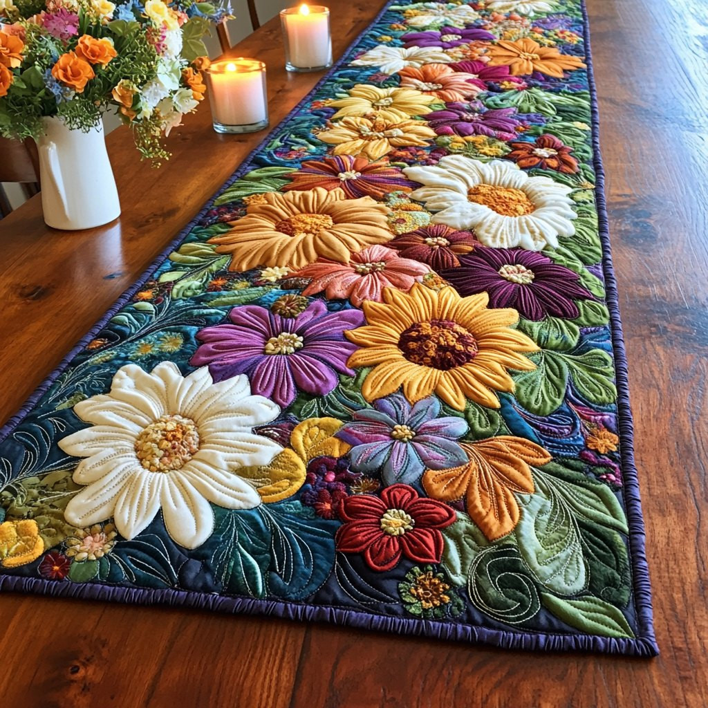 Sunflowers and Daisies on Navy Table Runner - Made to Order TABLE928